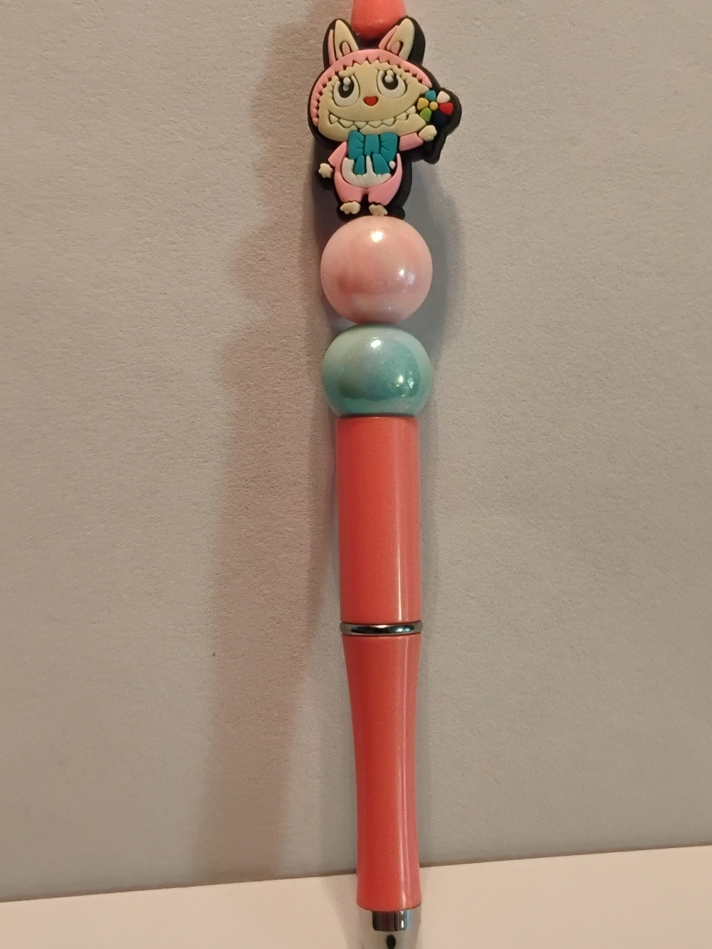 Hand-Crafted Coral Pink Character Pen with Pastel Accents NWT